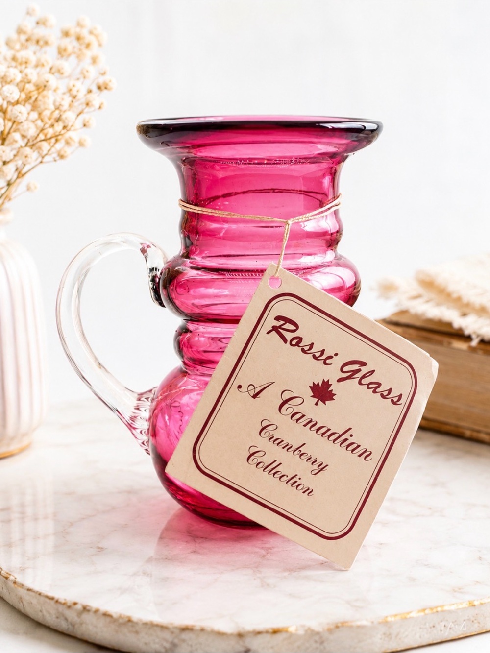 Cranberry Pitcher-Style Vase with Clear Handle